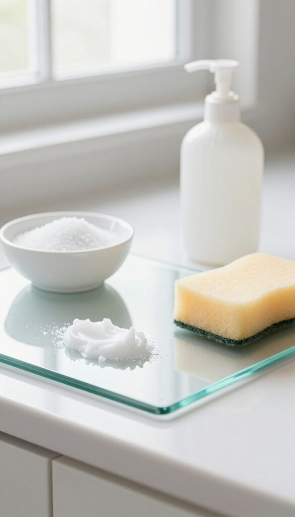 Salt and dish soap paste on oven glass window for cleaning