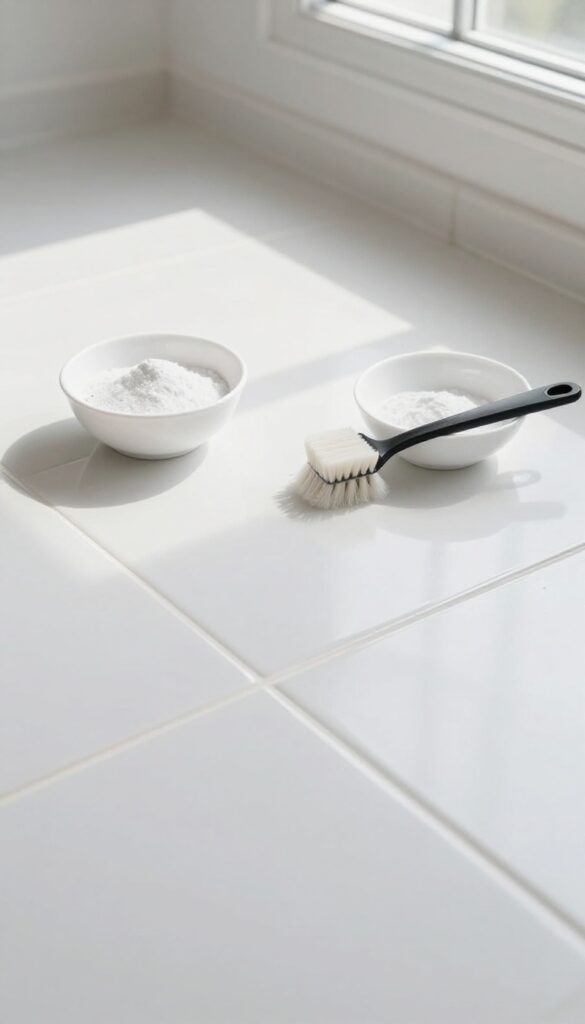 Clean white tile floor with bright grout lines, oxygen bleach powder and brush nearby in natural light