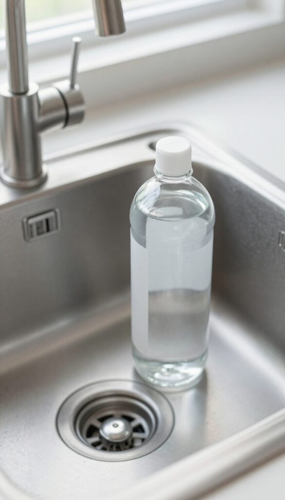 Hydrogen peroxide bottle next to a clean kitchen sink with garbage disposal