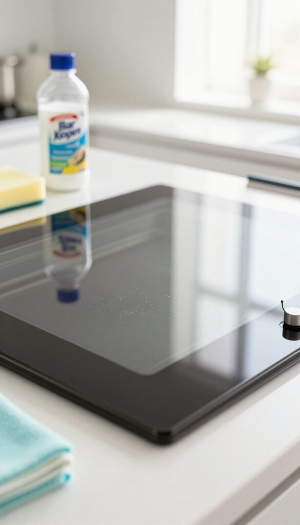 Close-up of a clean oven door glass being polished with a microfiber cloth, with Bar Keepers Friend powder nearby, in a bright modern kitchen.
