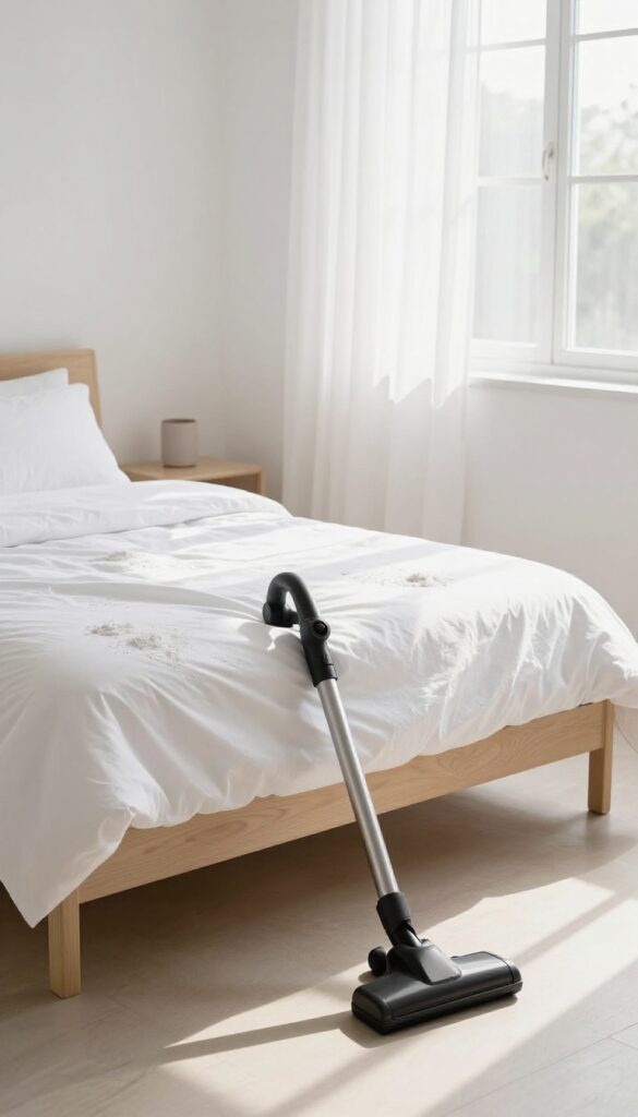 A bright bedroom with a bed covered in a thin layer of baking soda on the mattress, vacuum cleaner nearby, natural light, fresh and clean vibe.