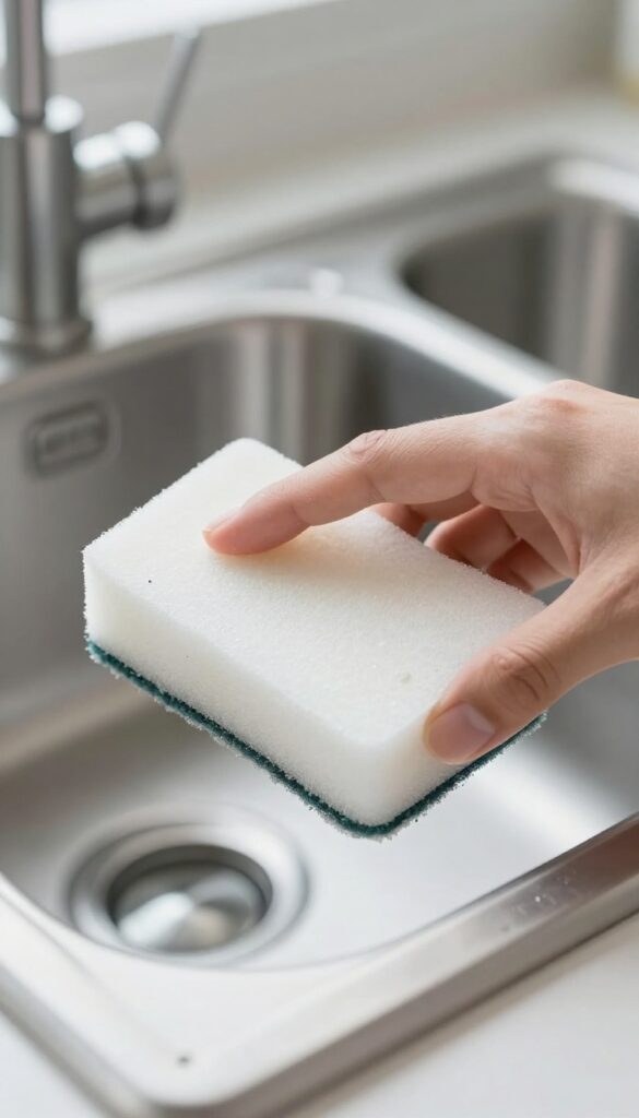 Close-up of a damp white melamine sponge cleaning a scuff mark on a stainless steel sink