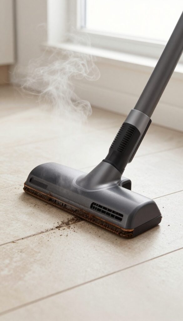 Steam cleaner nozzle cleaning dirty tile grout lines on a kitchen floor