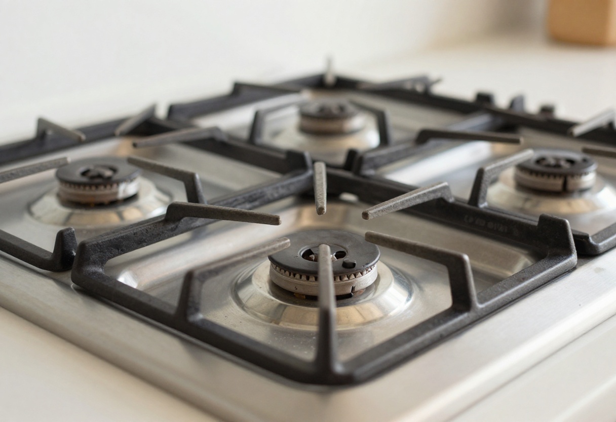 Clean shiny stove grates on a gas stove