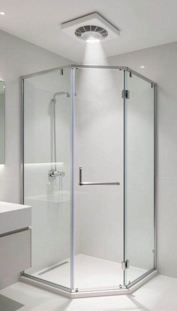 Bathroom with clean shower glass and running ventilation fan