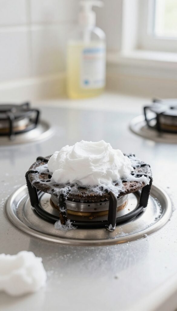 Baking soda paste applied to stove burner cap and grate for cleaning
