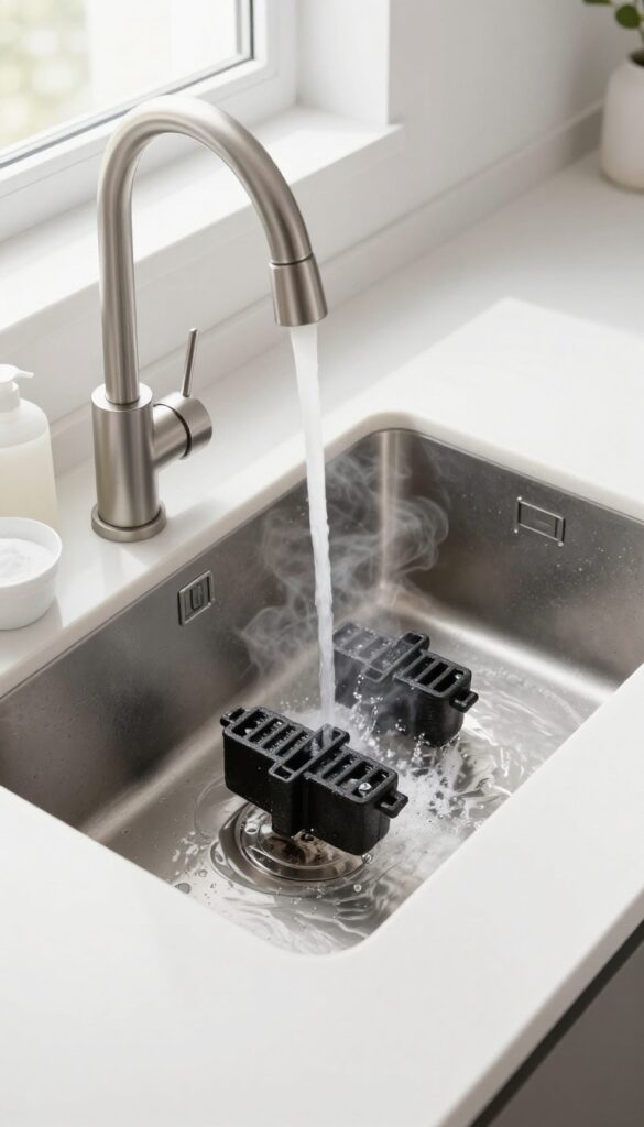 Soaking stove burner grates in hot soapy water in a kitchen sink