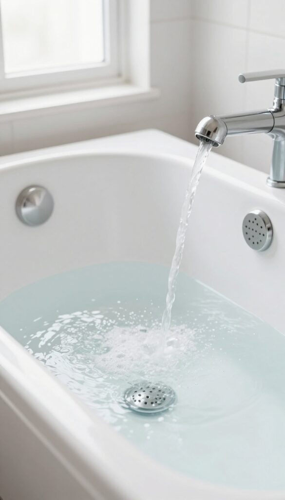 Pouring vinegar and dish soap into bathtub water near jets for cleaning