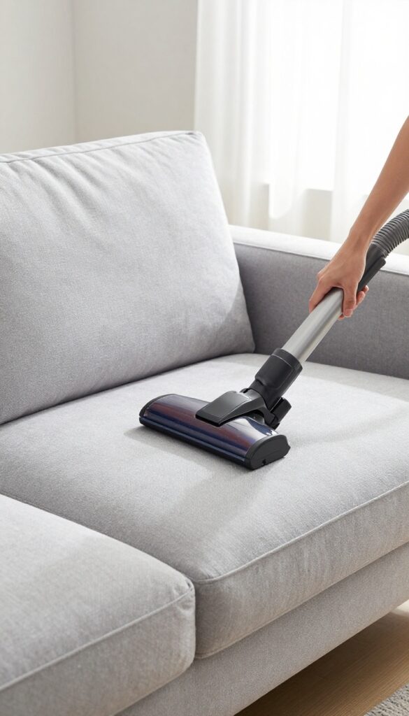 Person vacuuming a light gray fabric sofa with upholstery attachment in a bright, clean living room.