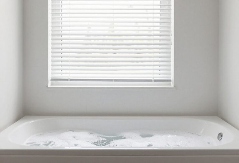 Blinds soaking in a bathtub with soapy water, cleaning supplies nearby.