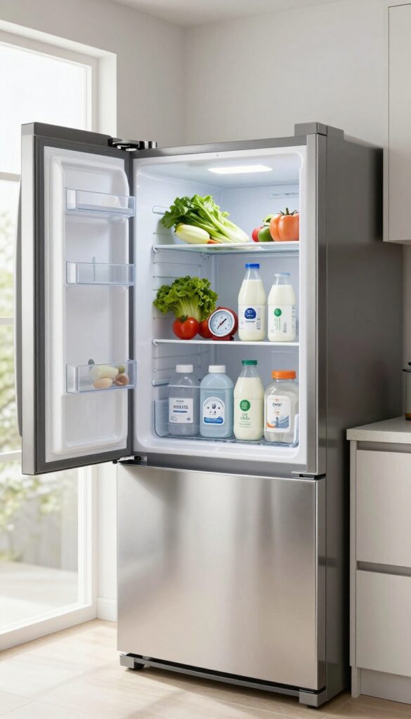 Fridge thermometer placed on middle shelf with fresh produce and dairy inside clean refrigerator