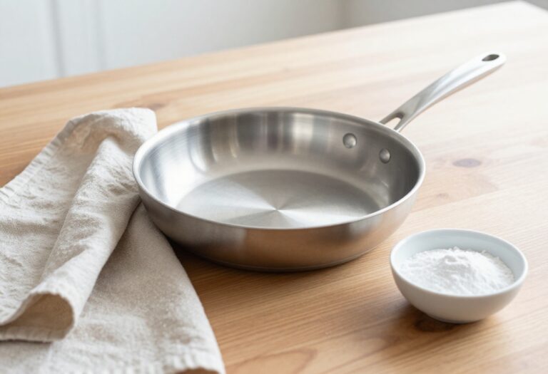 Clean stainless steel pan with baking soda and cloth on wooden table