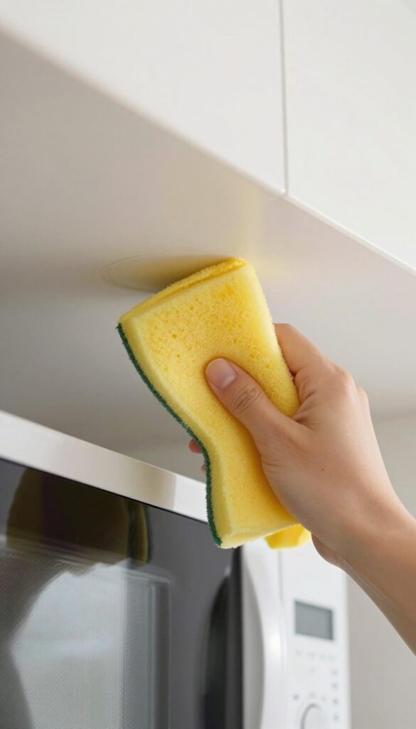 Wiping the microwave ceiling with a sponge to remove splatters and odors