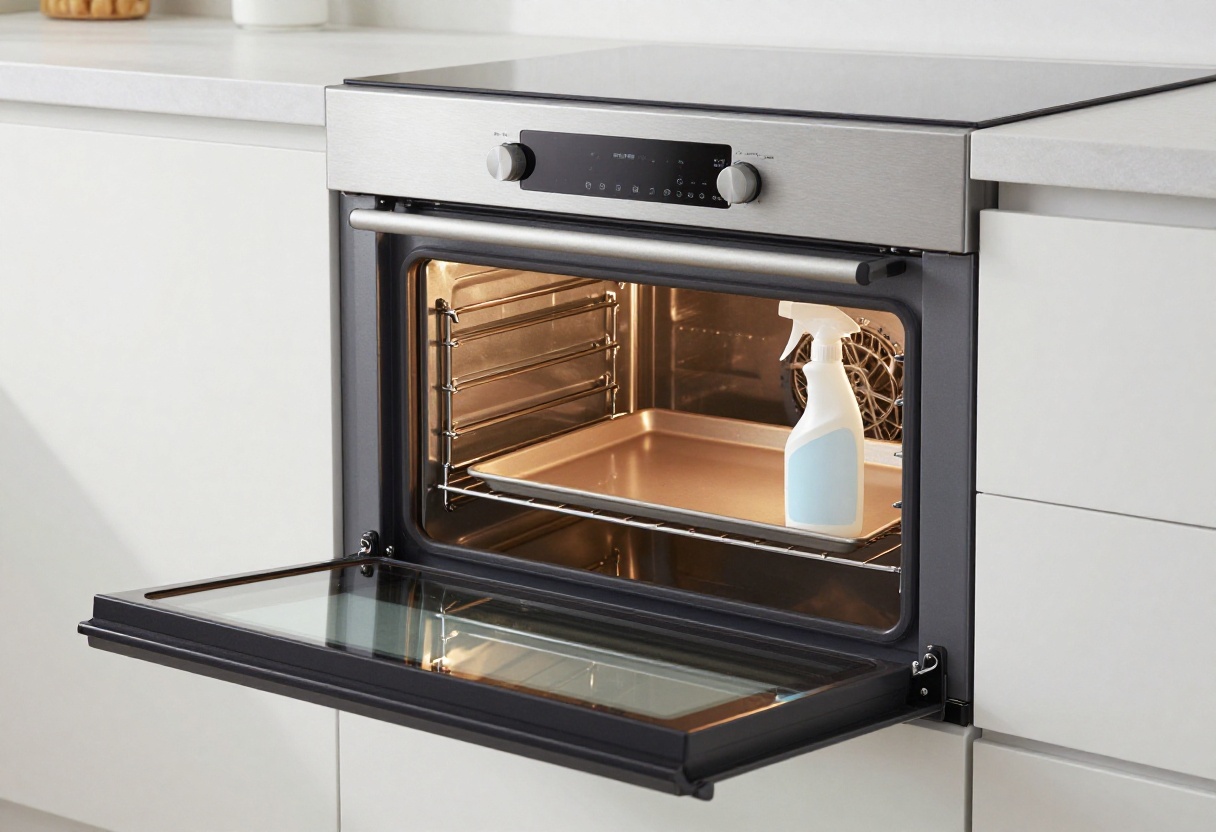 Clean oven interior with baking sheet and spray bottle