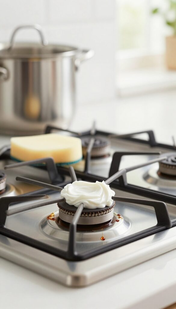 Baking soda paste applied to burnt-on grease on a glass stovetop with a sponge nearby