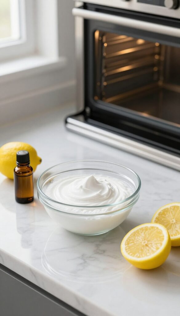 Baking soda paste with lemon essential oil and lemon slices on a marble countertop, clean oven in background
