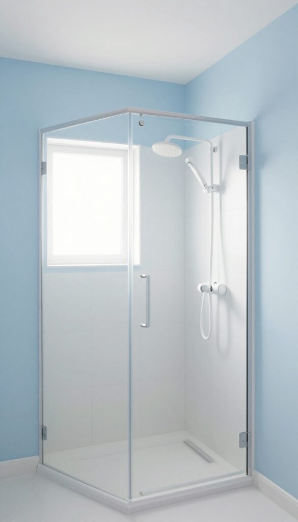 Small shower room with white ceiling and pale blue walls, bright natural light, clean tiles, glass door, spacious feel