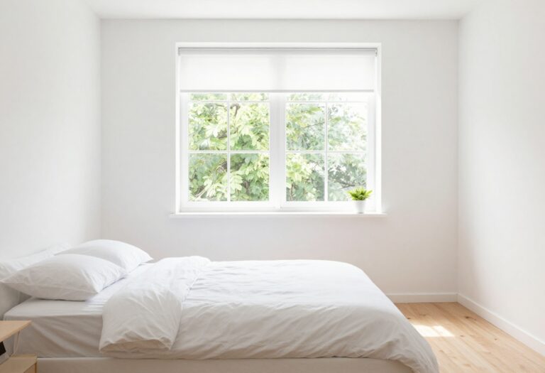 Clean and organized bedroom with fresh linens and natural light