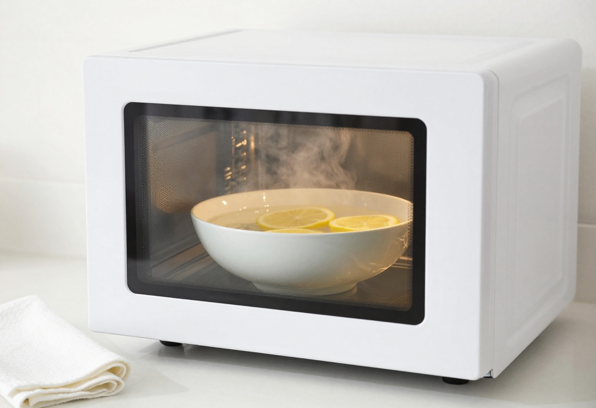 Clean microwave interior with lemon water steam cleaning