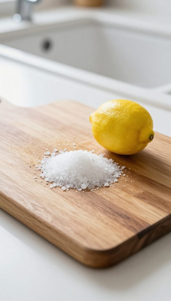 Wooden cutting board with lemon and salt for cleaning