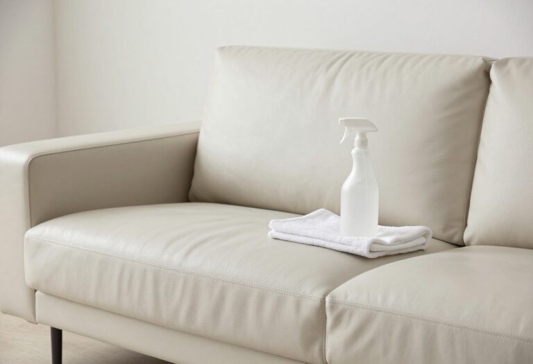 Clean leather couch with cleaning supplies on cushion