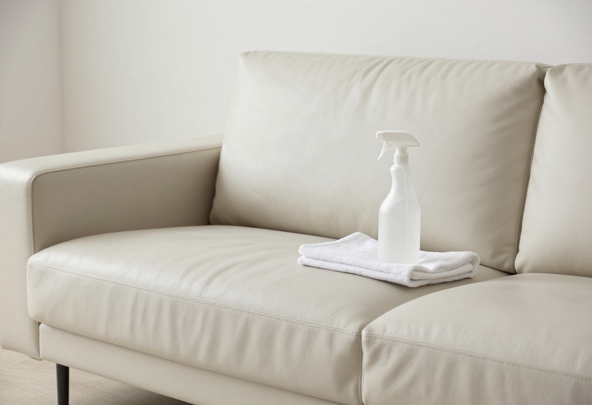 Clean leather couch with cleaning supplies on cushion