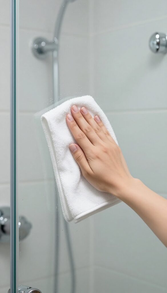 Hand wiping shower glass with a microfiber cloth, bright natural light, clean bathroom