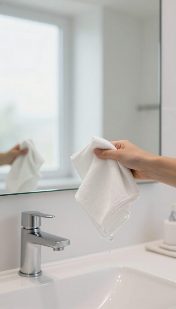 Cleaning a bathroom mirror with a microfiber cloth for a streak-free shine