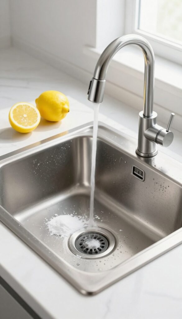 Sparkling clean stainless steel kitchen sink after deep scrubbing with lemon and baking soda
