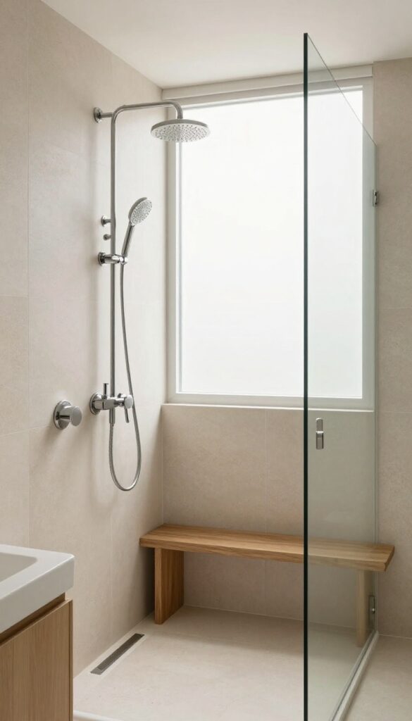 Modern bathroom with dual showerheads, rainhead and handheld, in a bright tiled shower.
