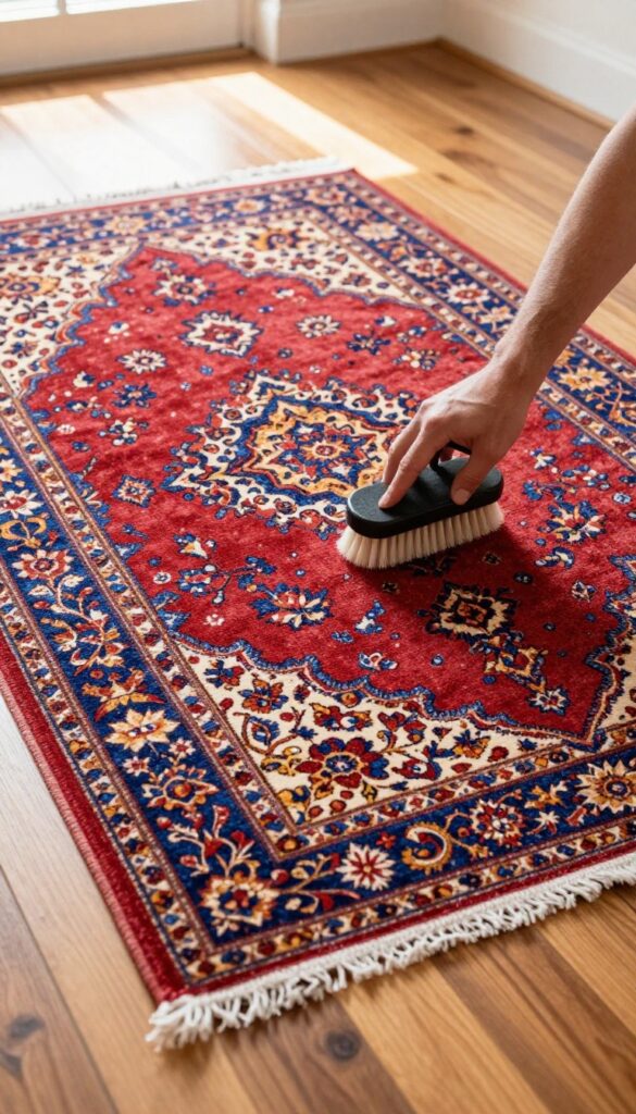 Professional rug cleaner gently brushing an antique Persian rug on a hardwood floor