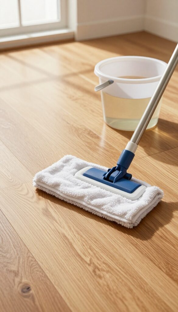 Seasonal deep clean of hardwood floors using a microfiber mop and natural vinegar solution.