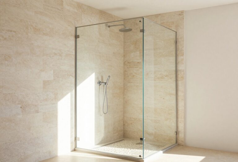 River rock shower floor with natural stone wall in a spa bathroom