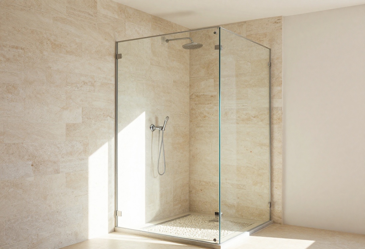 River rock shower floor with natural stone wall in a spa bathroom