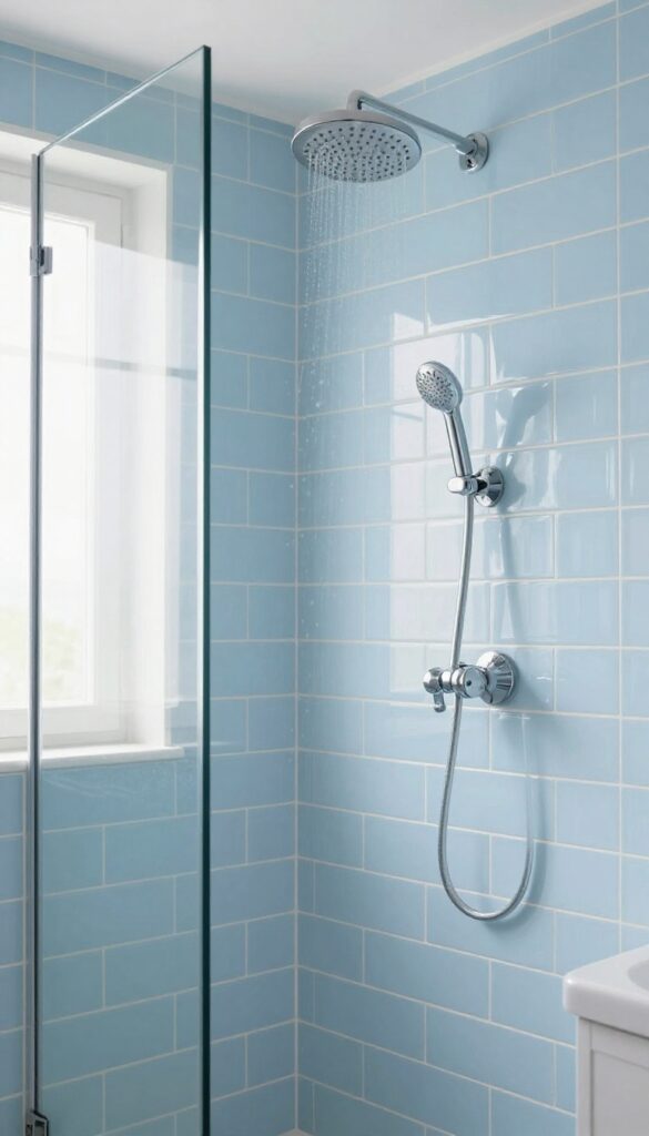 Soft sky blue subway tile shower with white grout and glass enclosure