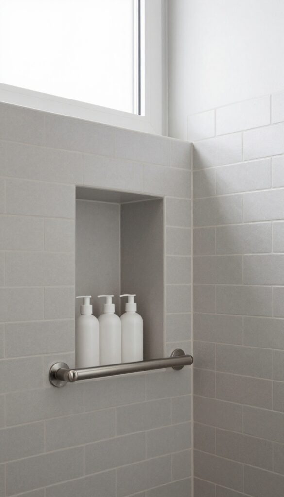Shower niche with integrated grab bar holding toiletries