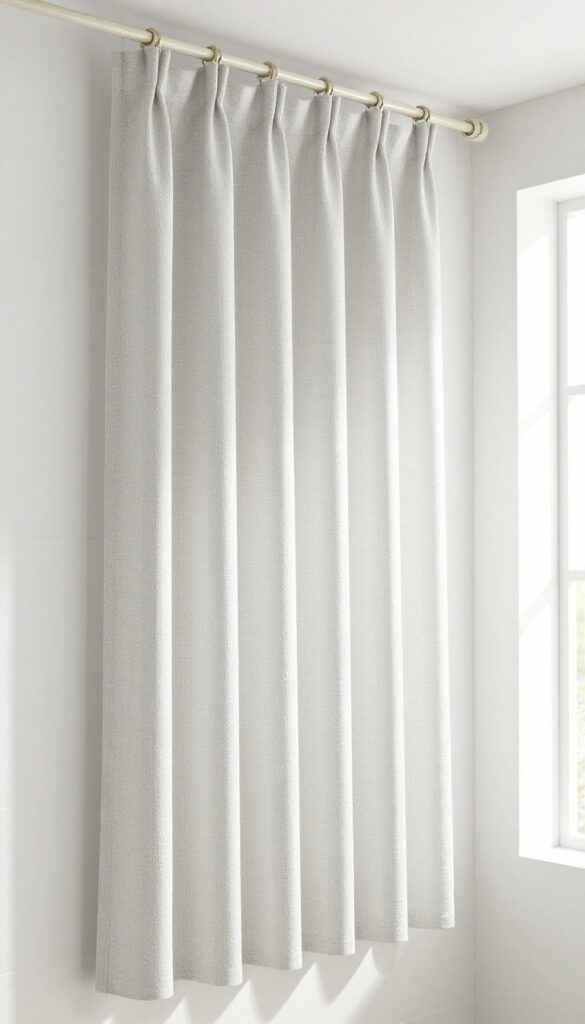 Light solid shower curtain blending with wall to create a taller looking bathroom