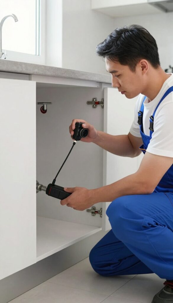 Plumber using a camera to inspect a kitchen sink drain for persistent clogs or odors.