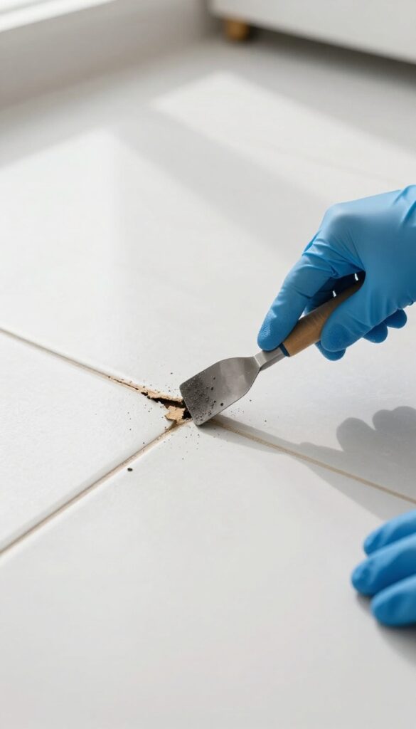 Close-up of damaged grout with a professional's hand holding a grout removal tool
