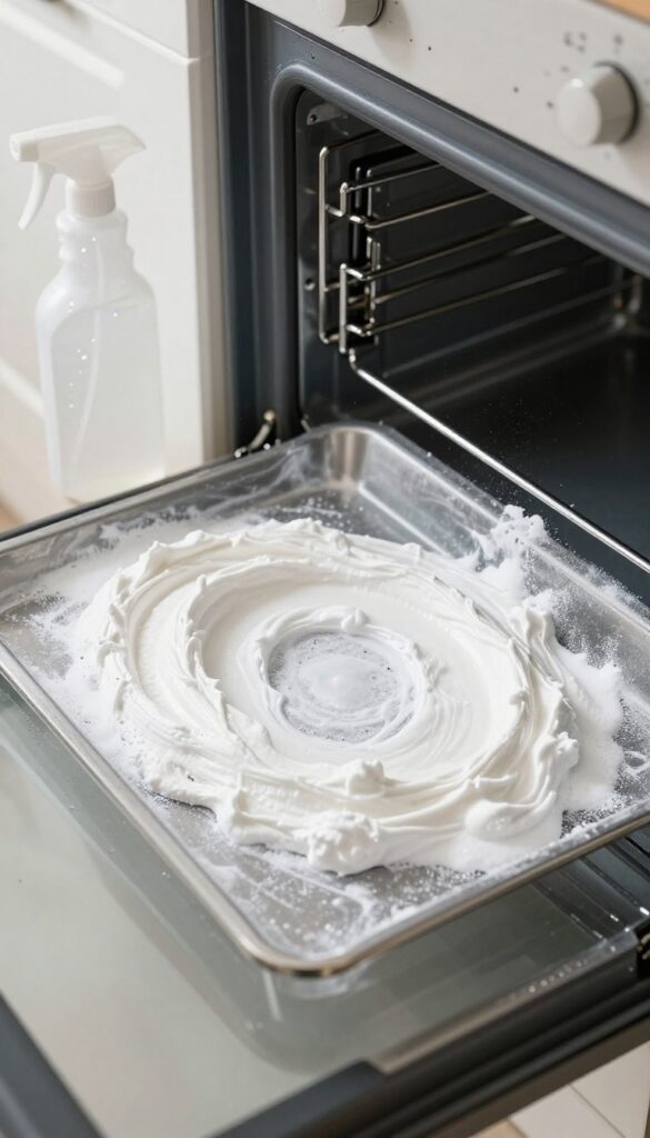 Oven interior with baking soda paste and vinegar spray bottle, cleaning preparation