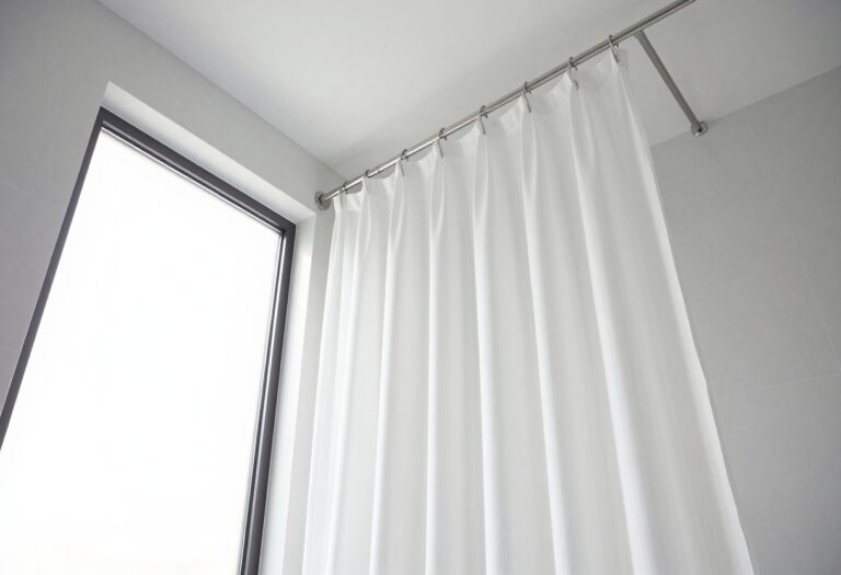Bright bathroom with tall white striped shower curtain hung from ceiling rod