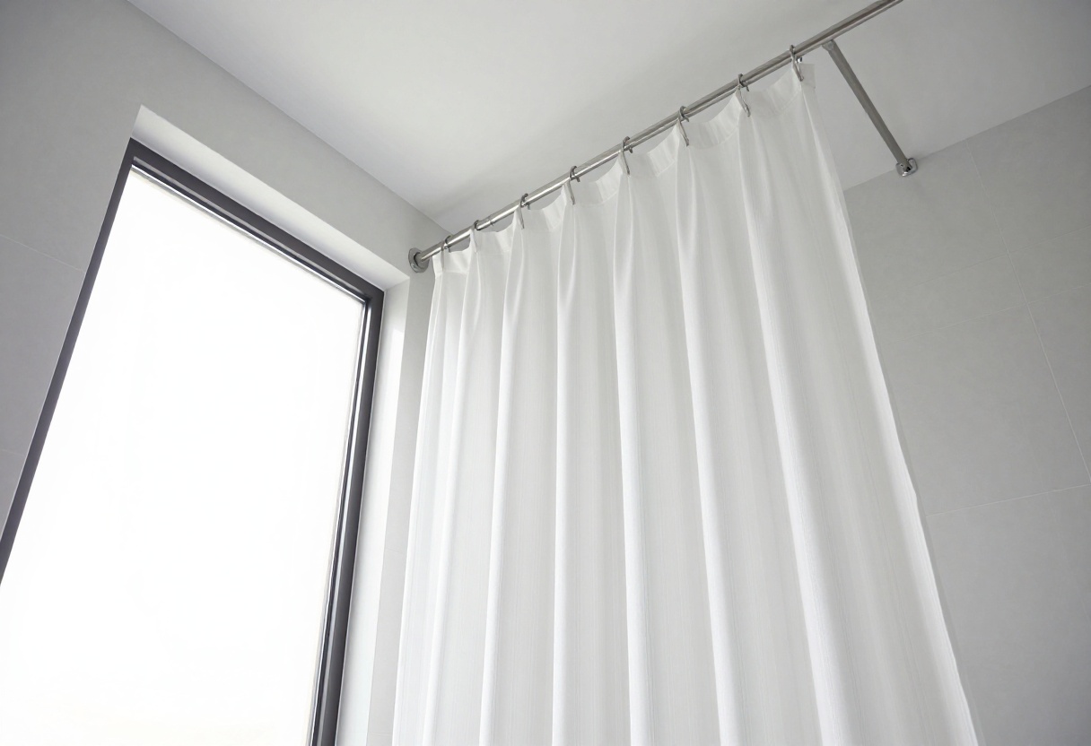 Bright bathroom with tall white striped shower curtain hung from ceiling rod