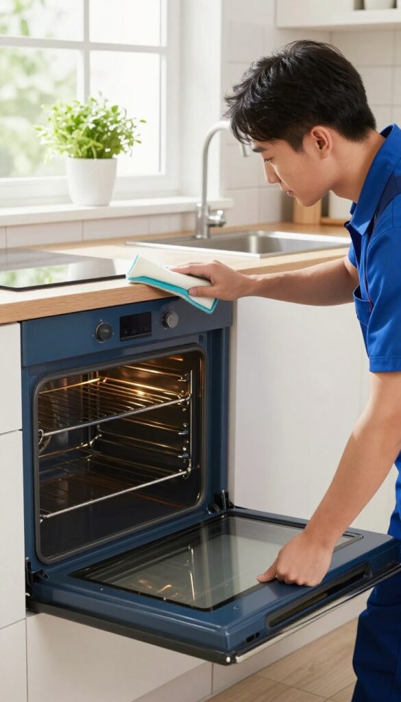 Professional oven cleaner removing oven door for deep cleaning, spotless interior