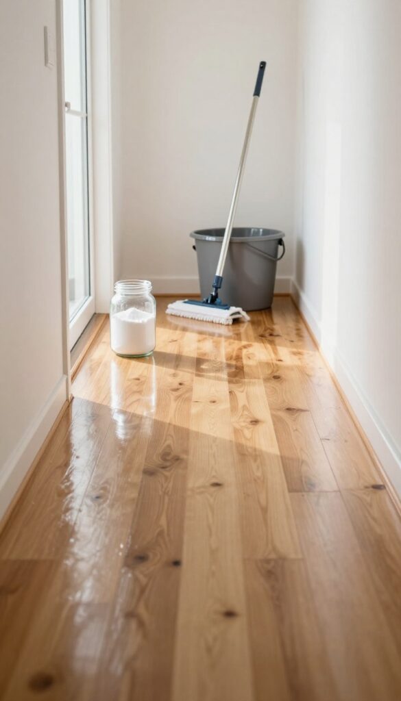 Borax and water floor cleaning solution for high-traffic areas, with mop and bucket in a bright hallway