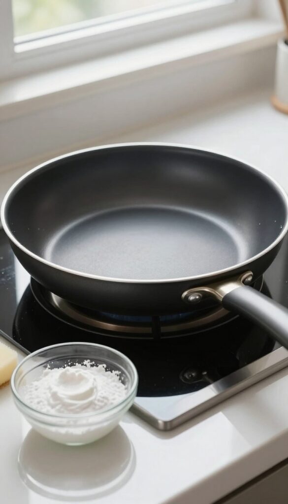 Nonstick pan with hydrogen peroxide and baking soda paste for cleaning yellowed surface
