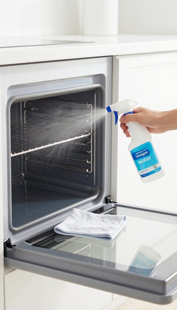 Spraying vinegar and water solution inside a clean, shiny oven