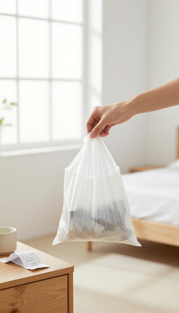 Person picking up trash from nightstand into a white trash bag in a bright, clean bedroom