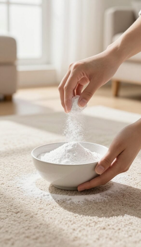 Hand sprinkling baking soda on carpet for odor removal