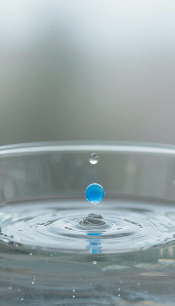 A drop of blue dish soap falling into a bucket of water for cleaning windows