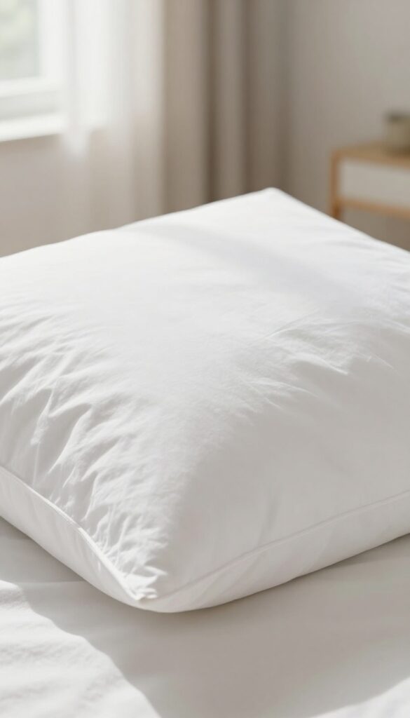 A bright, fluffy white pillow on a clean surface, bathed in natural light, representing professional dry cleaning results.
